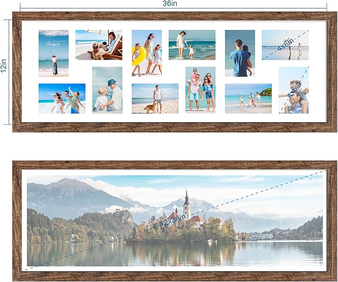 12x36 Picture Frame 2 Packs, Real Glass and Rustic Brown Wood Frame, Display Collage Pictures Twelve 4x6 With Mat or Pennant 12 x 36 Without Mat - Horizontal or Vertical Wall Mounting