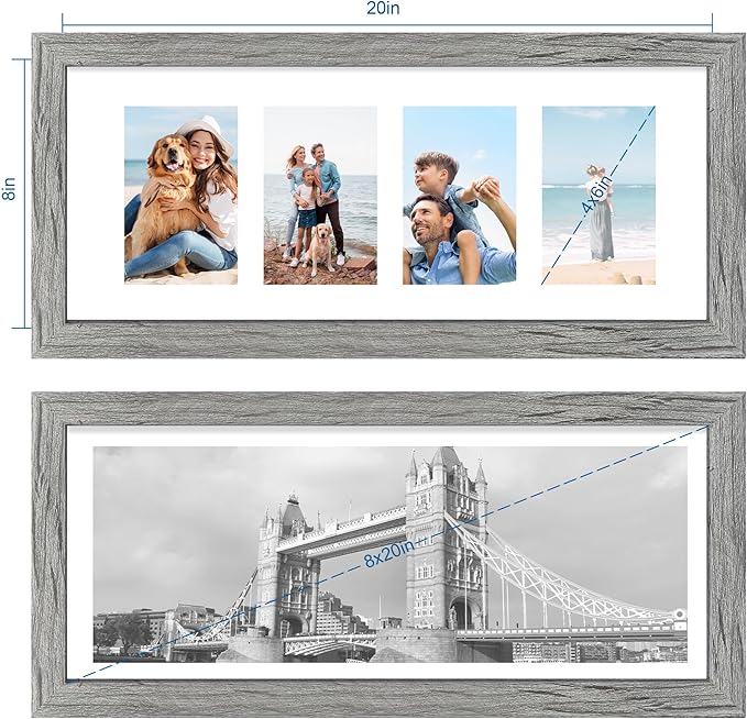 8x20 Picture Frame Set of 2, Rustic Gray Wood Frame with Tempered Glass Collage Frame, Display Pictures Four 4x6 With Mat or 8 x 20 Without Mat - Horizontal or Vertical Wall Mounting