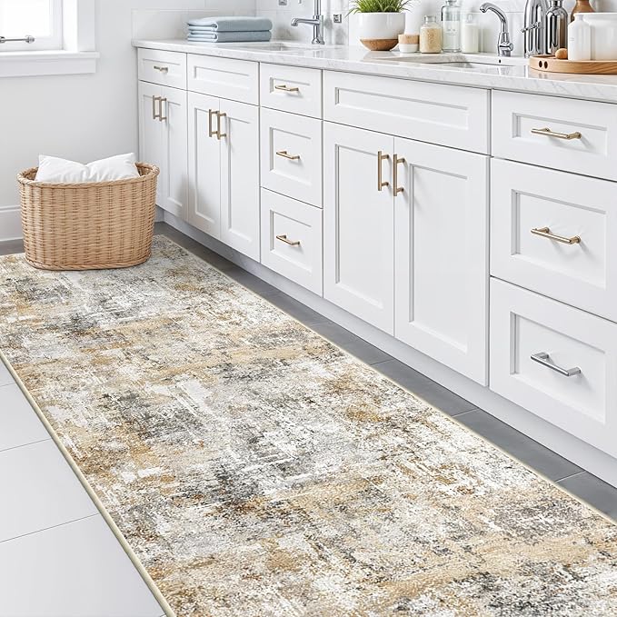 3x10 Ft Long Hallway Runner Rug - Non-Slip Washable Kitchen Runner Rug with Rubber Backing | Modern Abstract Wide Floor Carpet Runner for Indoor Entryway, Bedroom, Living Room (Gold Grey)