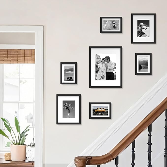 An&He 7 Pack Picture Frames Collage Wall Decor, Gallery Wall Frame Set for Wall or Tabletop Display, Multi Sizes with One 11x14, Two 8x10, and Four 5x7 Photo Frames, Black