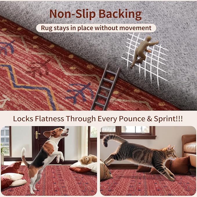 SERISSA 2x5 Kitchen Runner Rug, Washable Non-Slip Red Ochre Boho Rug, Soft Low-Pile Geometric Indoor Carpet for Hallway Laundry Room Bathroom Bedroom Entryway