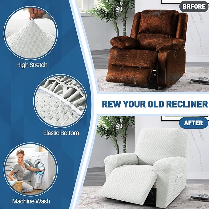 YEMYHOM 4 Pieces Stretch Recliner Slipcover Latest Jacquard Recliner Chair Cover with Side Pocket Anti-Slip Fitted Recliner Cover Couch Furniture Protector with Elastic Bottom (Recliner, White)