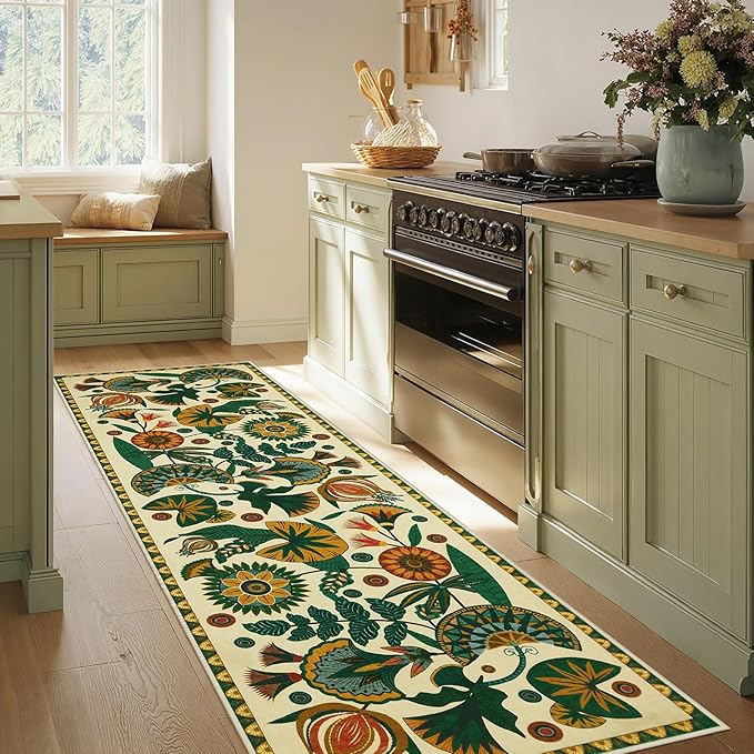 Joydeco Egypt Floral Washable Runner Rug for Hallway Entryway, Boho 2x8 Beige Bathroom Kitchen Runner Rugs Non Skid Washable, Vintage Non Slip Throw Carpet for Laundry Room Entrance