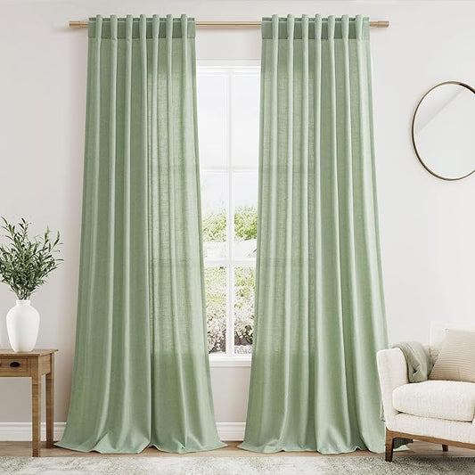 Nanspring Mist Sage Linen Curtains 108 Inches Long for Living Room Bedroom 2 Panels Set Extra Long Back Tab Curtain Light Filtering Sheer Drapes Floor to Ceiling Curtain for Large Windows 52x108