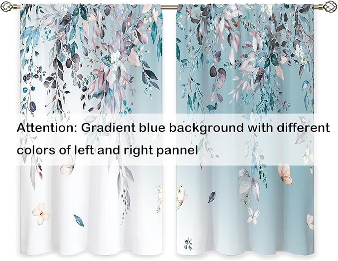 Blue Grey Eucalyptus Botanical Leaves Floral Window Curtains Boho Butterfly Farmhouse Flower Leaf Rod Pocket Curtain Drapes Curtains for Bedroom Living Room Treatment 2 Panels 42Wx45H Inch