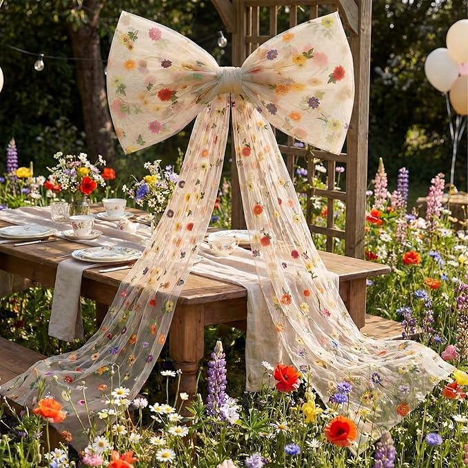 Canlierr Extra Large Embroidery Floral Tulle Bow Decorations 39 x 59 Inch Giant Champagne Organza Bow with Tie and Long Ribbon Tails for Spring Wedding Backdrop Coquette Room Wall Decoration