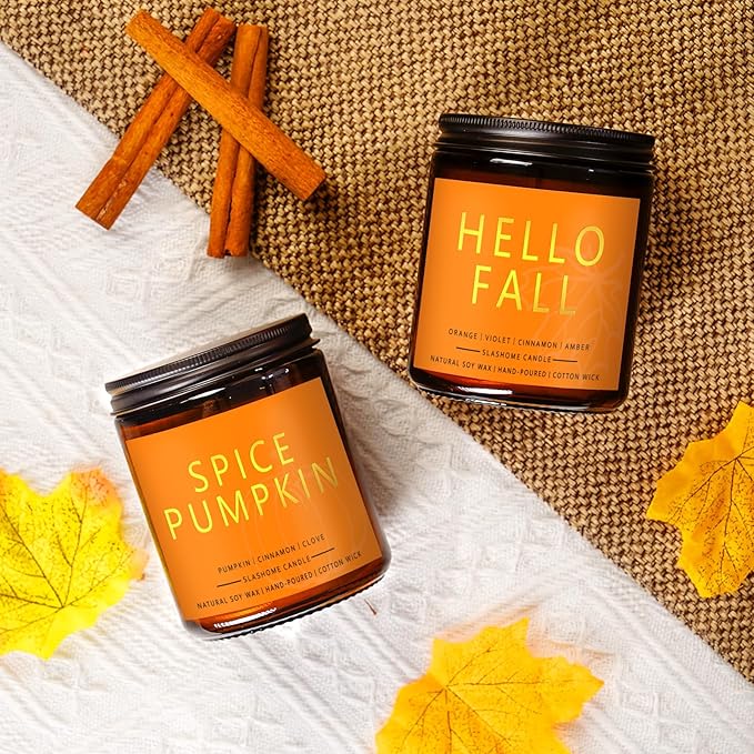 Fall Scented Candles Hello Fall 7oz – Warm Pumpkin Spice & Sweet Apple Soy Wax Candle for Cozy Autumn Home Décor, Perfect Fall Gift, 50 Hour Long Burn