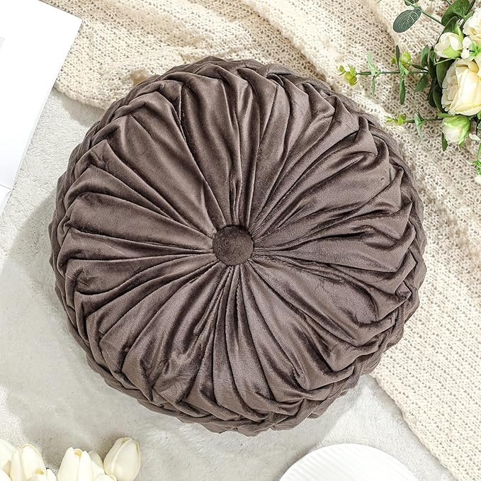 Drydiet 1 Pcs Round Throw Velvet Pillows Decorative Pleated Throw Pillows 15'' Diameter Accent Pumpkin Boho Chair Cushion for Couch Sofa Home Decoration (Taupe)