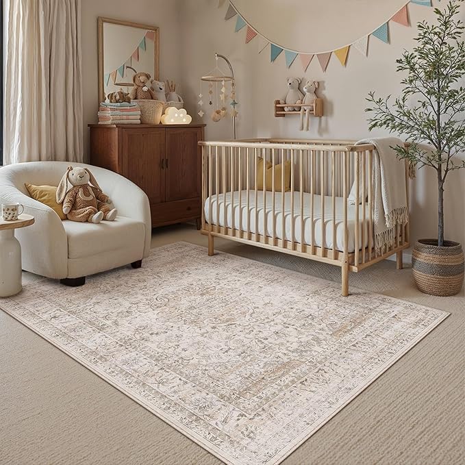 4x6 Washable Area Rug Beige Vintage Non Slip Soft Low Pile Rug for Entryway Kitchen Bathroom Distressed Oriental Throw Carpet for Living Room Bedroom Home Decor