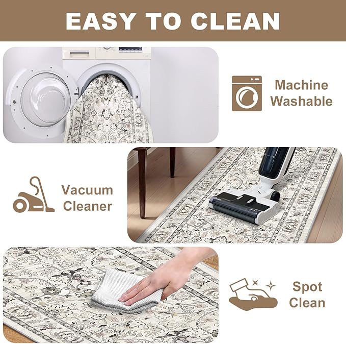 LOKHOM Washable Runner Rug, 2x10 Non-Slip Vintage Farmhouse Hallway Runner Rug with Rubber Backing, Boho Soft Faux Wool Kitchen Rug Carpet Runner for Kitchen Laundry Entryway Bedroom (Cream White)
