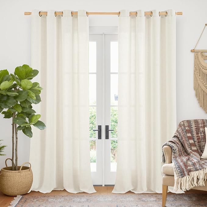 YoungsTex Ivory Linen Curtains 90 Inch Length for Living Room, Light Filtering Drapes with Bronze Grommet Rustic Semi Sheer Privacy for Bedroom Farmhouse Decorative, 52 x 90 Inch, 2 Panels