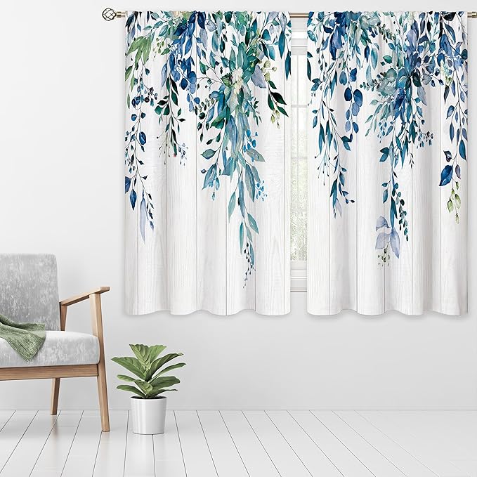 Wooden Navy Blue Eucalyptus Botanical Leaves Floral Window Curtains Boho Rustic Farmhouse Flower Plant Leaf Rod Pocket Curtain Drapes Curtains for Bedroom Living Room Treatment 42Wx45H Inch