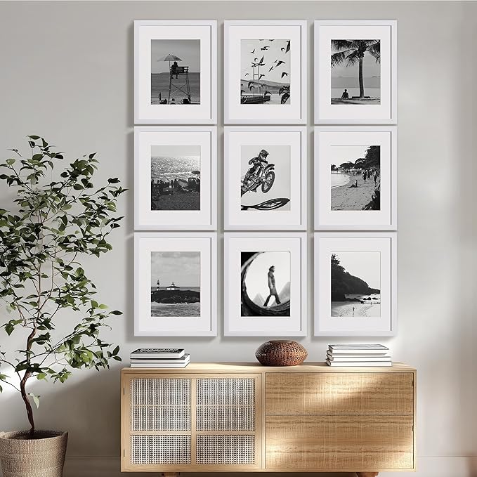 eletecpro 11x14 Picture Frames Set of 9 Classic Gallery Wall Frame Set, Displays 8x10 Photos with Mat or 11x14 No Mat, White Picture Frames Collage Wall Decor for Home Decor