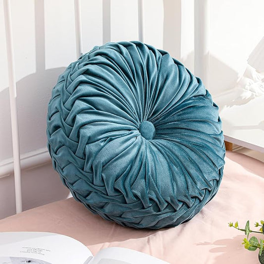 Drydiet 1 Pcs Round Throw Velvet Pillows Decorative Pleated Throw Pillows 15'' Diameter Accent Pumpkin Boho Chair Cushion for Couch Sofa Home Decoration (Dusty Blue)