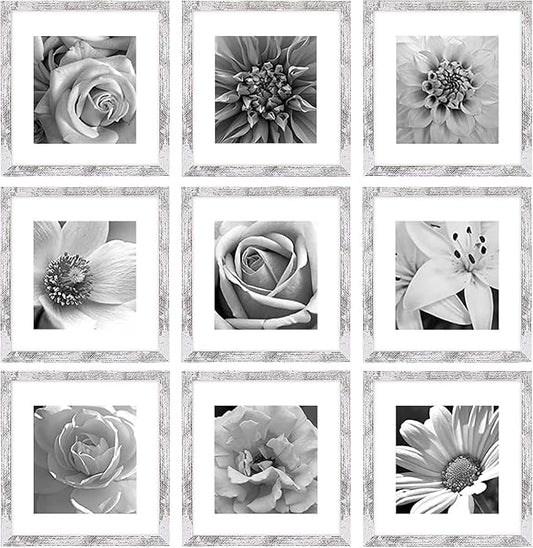 eletecpro 12x12 Picture Frames Set of 9 with Mat for 8x8 Photos or without Mat for 12x12, Square Gallery Wall Decor Collage for Picture Display, Distressed White Frame Set for Wall Hanging