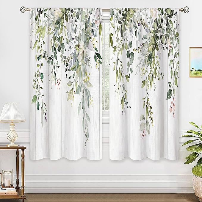Farmhouse Sage Eucalyptus Botanical Leaves Floral Window Curtains Wooden Watercolor Wooden Flower Plant Wildflower Curtain Drapes Herb Curtains for Bedroom Living Room Treatment 42Wx63H Inch