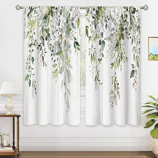 Farmhouse Sage Eucalyptus Botanical Leaves Floral Window Curtains Wooden Watercolor Wooden Flower Plant Wildflower Curtain Drapes Herb Curtains for Bedroom Living Room Treatment 42Wx63H Inch