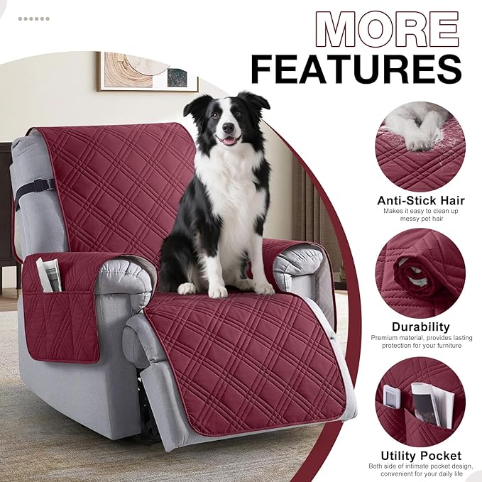 TAOCOCO 100% Waterproof Recliner Chair Cover, Small Recliner Covers for Recliner Chair with Pocket, Non Slip Reclining Chair Cover Furniture Protector for Kids, Pets(20'', Wine)