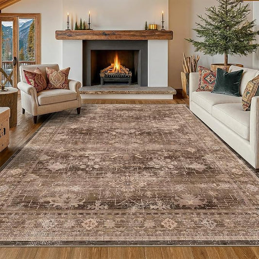 Hazo Haus Taupe Brown Living Room Rug 6x9 - Vintage Traditional Eclectic Unique Neutral, Washable Low Pile Non-Slip Large Area Rugs for Dining Under Table Bedroom Lounge