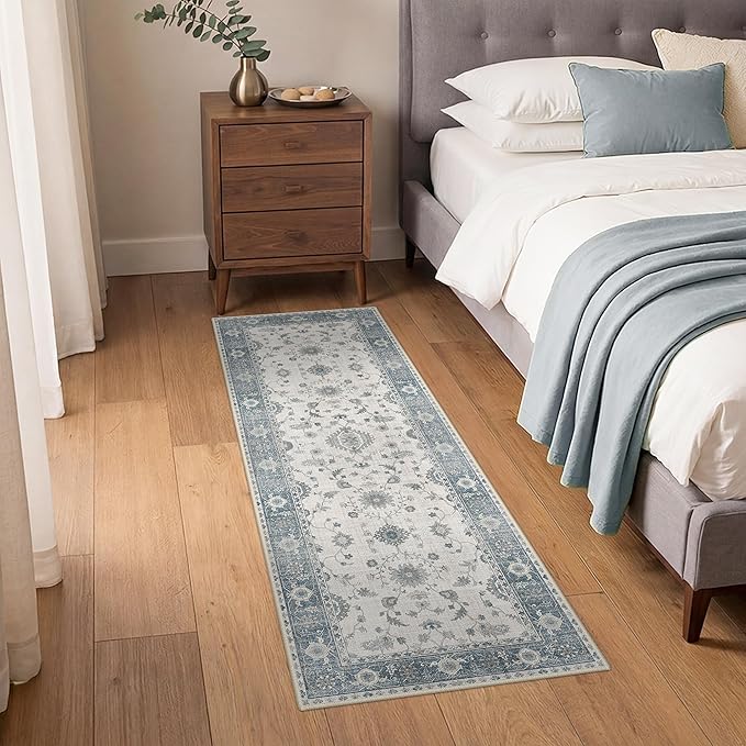 GENIMO Runner Rug for Hallways Machine Washable, 2x8 Non Slip Boho Vintage Lightweight Washable Runners, Thin Floor Rugs for Entryway Hallway Bathroom Laundry Room Corridor, Misty Blue