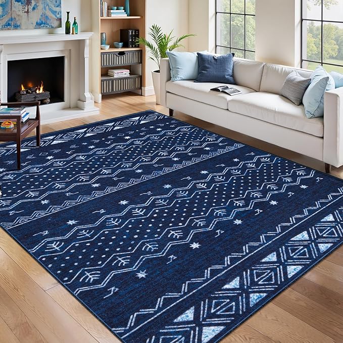 SERISSA 5x7 Area Rugs for Living Room, Washable Non-Slip Blue and White Boho Rug, Soft Low-Pile Geometric Indoor Large Carpet for Dining Room Bedroom Home Office Playroom