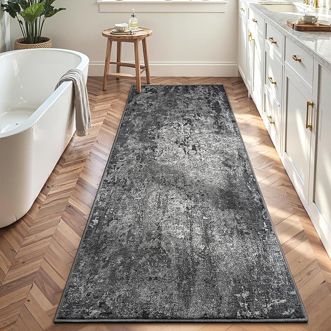 2x8 Black Rug Runners for Hallways Kitchen Runner Rug Non Slip Washable Black Long Runner Rugs with Rubber Backing Soft Abstract Carpet Runner for Bedroom, Kitchen, Bathroom, Entryway
