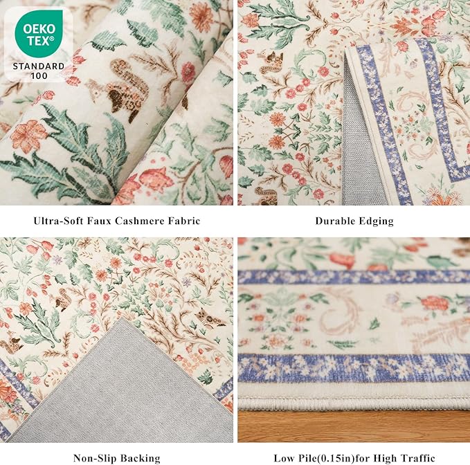 Botanical Hallway Runner Rug 3x10 Ft – Non-Slip Washable Long Kitchen Runner, Low-Pile Thin Vintage Florals Floor Rug for Indoor Entryway, Bedroom, Living Room (Cream)