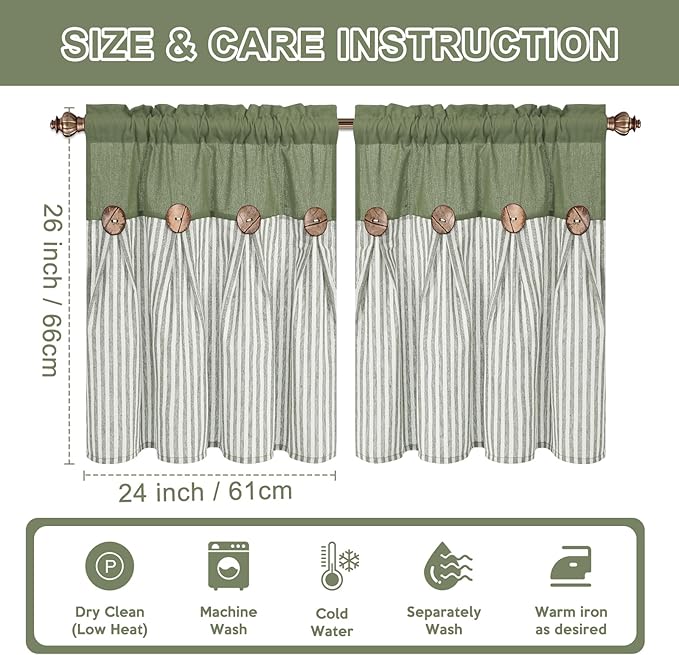 ASPMIZ Linen Kitchen Curtains 24 Inch Length, Farmhouse Boho Button Kitchen Window Curtain Over Sink, Green Striped Short Curtains for Small Windows, Bathroom, Rod Pocket Window Treatment Tiers