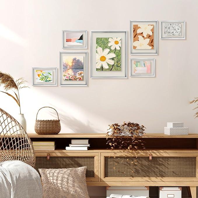 Golden State Art Silver Floating Picture Frame for 11X14, 2-8X10, 4-5X7 Photos, Metal, Modern or Contemporary, Wall Mount