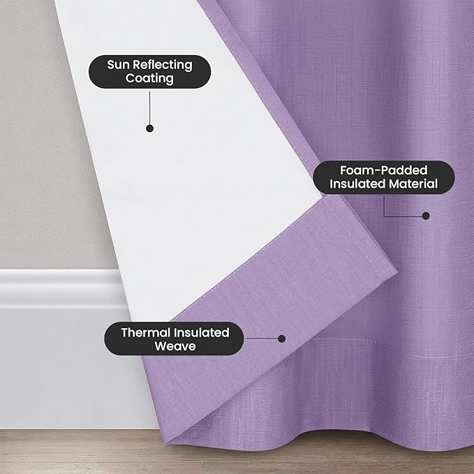 ECLIPSE Kendall Modern Blackout Thermal Rod Pocket Window Curtain for Bedroom or Living Room (1 Panel), 42" x 63", Light Purple