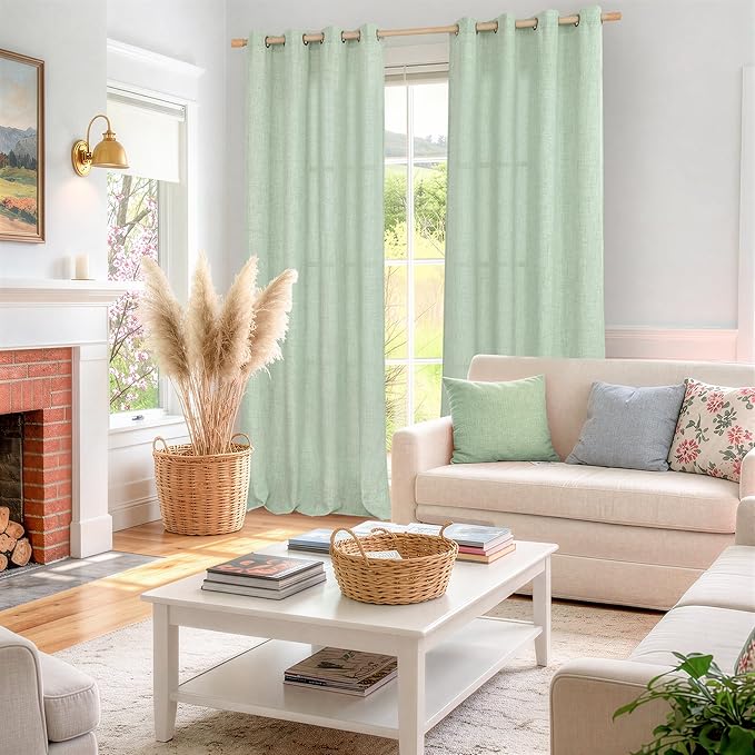 YoungsTex Sage Green Linen Curtains 84 Inches Long, Light Color Semi Sheer Drapes with Bronze Grommet Light Filtering Spring Decor for Bedroom Living Room Window, 52 X 84 Inch, 2 Panels