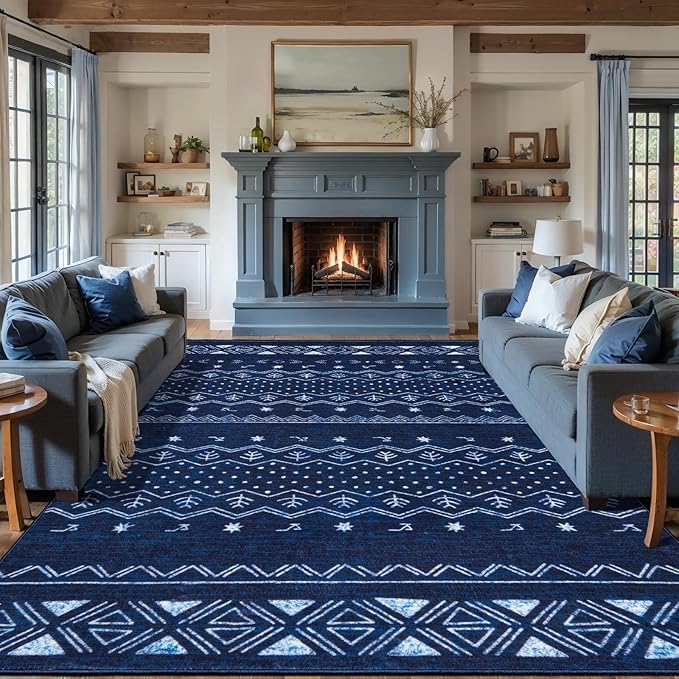 SERISSA 9x12 Area Rugs for Living Room, Washable Non-Slip Blue and White Boho Rug, Soft Low-Pile Geometric Indoor Large Carpet for Dining Room Bedroom Home Office Playroom