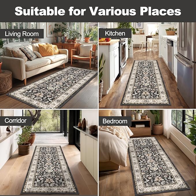 LOKHOM Washable Runner Rug, 2x6 Non-Slip Vintage Hallway Runner Rug with Rubber Backing, Boho Floral Soft Faux Wool Kitchen Rugs Carpet Runner for Laundry Entryway Bedroom (Black)