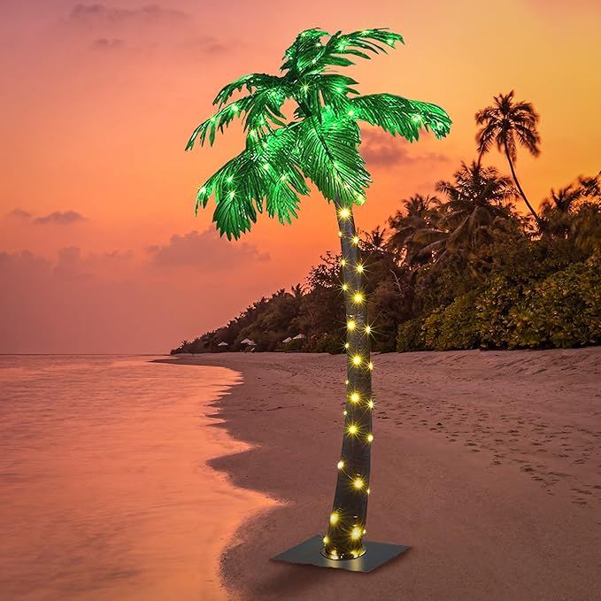 LIGHTSHARE Lighted 5FT Solar Palm Tree Artificial Palm Tree 96LED Lights for Office Decoration Outdoor and Indoors Tiki Bar Christmas Patio Pool