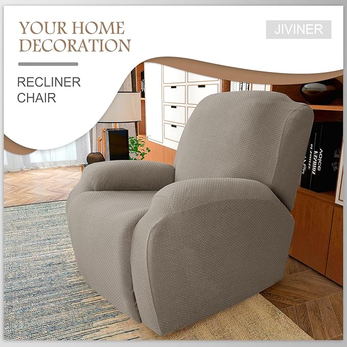 JIVINER Oversized Recliner Chair Covers 4 Piece Stretch Lazy Boy Recliner Sofa Slipcover Jacquard Large Recliner Covers with Elastic Bottom Soft Furniture Protector (XL Recliner,Khaki)