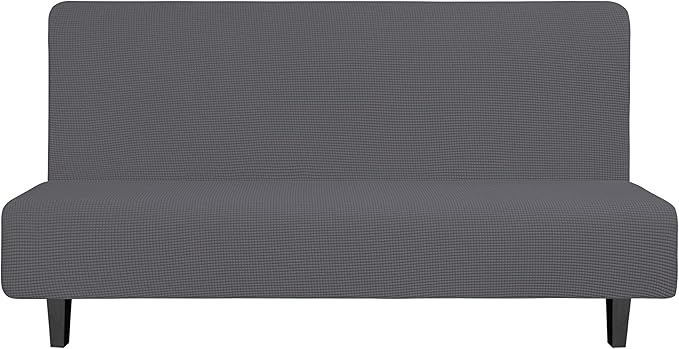 Easy-Going Stretch Futon Slipcover Armless Futon Bed Cover Furniture Protector Without Armrests with Elastic Bottom for Kids, Soft Jacquard Fabric Small Checks (Large, Grey)