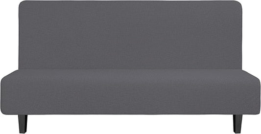Easy-Going Stretch Futon Slipcover Armless Futon Bed Cover Furniture Protector Without Armrests with Elastic Bottom for Kids, Soft Jacquard Fabric Small Checks (Large, Grey)