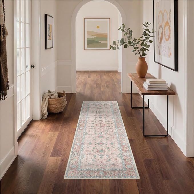 GENIMO Runner Rug for Hallways Machine Washable, 2x6 Non Slip Boho Vintage Lightweight Washable Runners, Thin Floor Rugs for Entryway Hallway Bathroom Laundry Room Corridor, Misty Pink
