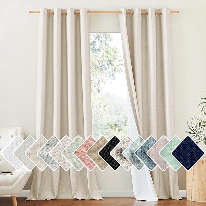 NICETOWN 100% Absolutely Blackout Linen Curtains with Thermal Insulated White Liner, 52" W, 2 PCs, Beige, 120" Long Drapes Sweep The Floor Decorative Keep Privacy Panels for Living Room/Villa/Bedroom