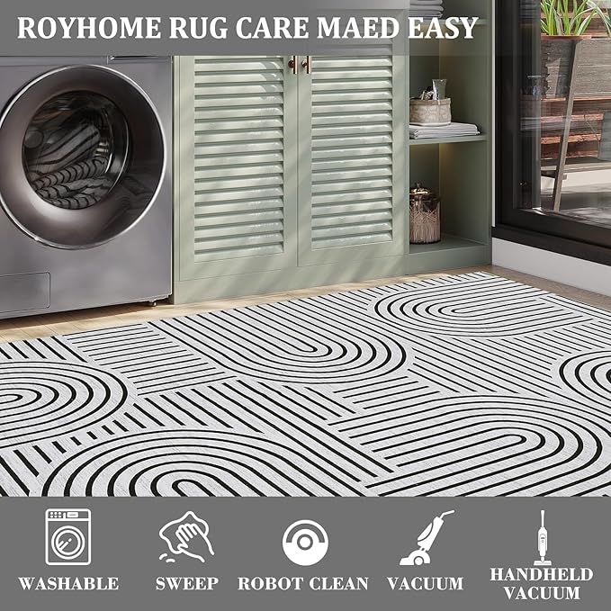 Modern Rug 2.5x10 Runners for Hallways, Abstract Kitchen Runner Rugs Non Slip Bath Runner, Rainbow Washable Rug for Bedroom, Soft Long Rugs for Entryway Bathroom Laundry Dorm, Blackwhite