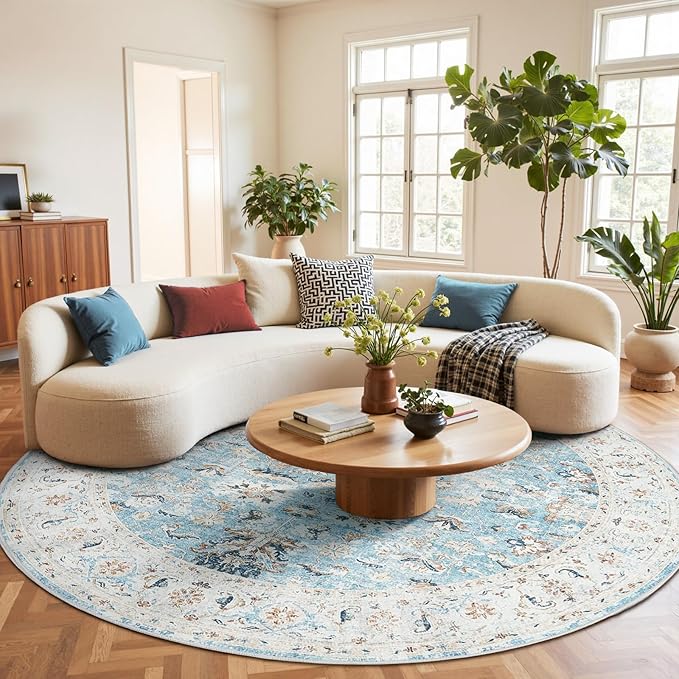 jinchan Round Rug 8ft Area Rug - Washable Boho Vintage Floral Circle 8' Round Floor Cover Lightweight Low Pile Thin Throw Non-Slip Carpet for Kitchen Living Room Bedroom Dining Room Office Light Blue