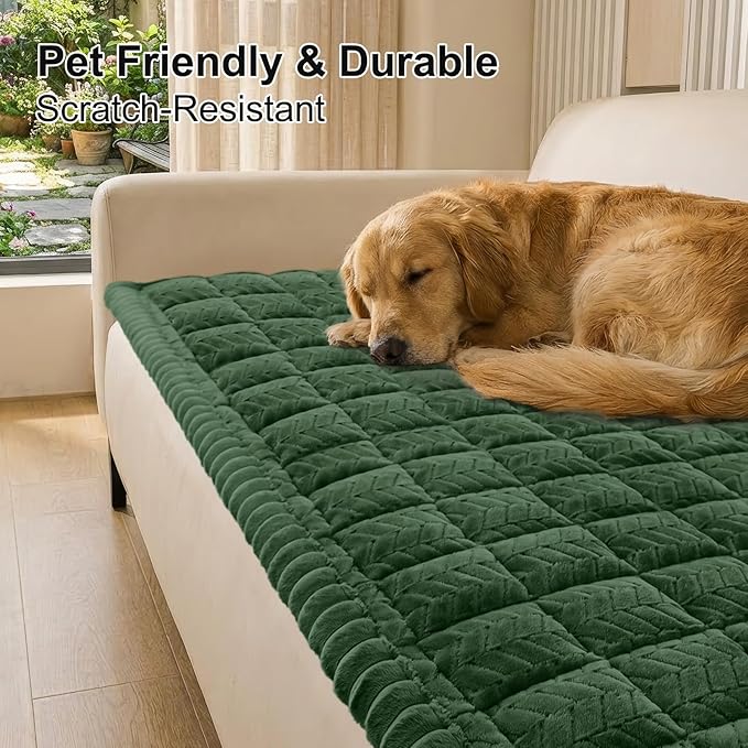 Smiry Non Slip Couch Covers for Dogs, Fuzzy Pet Couch Covers for 3 Cushion Sofa Pet Friendly, Soft Sofa Slipcovers Cushion Furniture Protector Washable (Dark Green, 27.6" x 82.7")