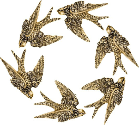 6 Pcs Vintage Bird Wall Sculpture Decor Art 4.7 Inch Antique 3D Sculpted Hanging Bird Resin Wall Art Golden Brass Floating Ornament for Living Room Garden Outdoor, Gifts for Couples Housewarming