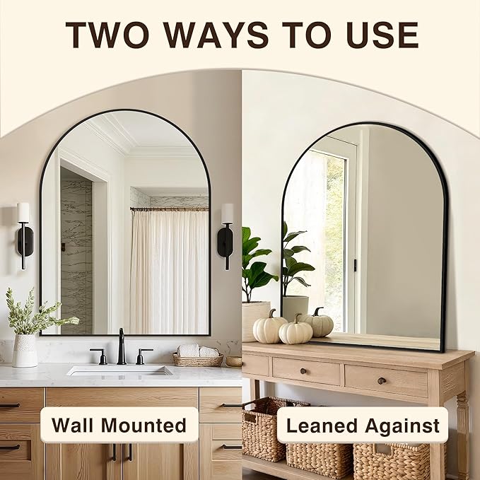 Vanity Bathroom Mirror for Wall, 40"x30" Arched Bathroom Mirror for Over Sink, Arched Metal Frame for Bedroom, Living Room, Entryway, Hanging or Leaning, Black
