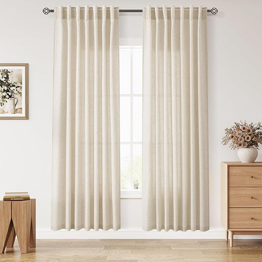 Cream Beige Linen Curtains 80 Inch Length for Living Room Light Filtering Semi Sheer Curtain Back Tab Modern Farmhouse Decor Elegant Luxury Coastal Drapes for Bedroom Dinner Room 52x80, 2 Panels
