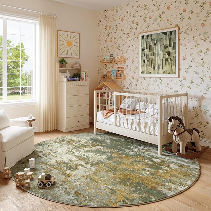 Green Round Area Rugs 4ft Washable Circle Rug for Entryway Kitchen, Non Slip Soft Low Pile Stain Resistant, Boho Circular Carpet for Living Room Bedroom Dorm Dining Room Table, Abstract Sage Green
