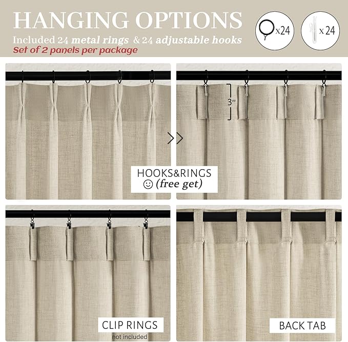 Extra Wide Linen Sheer Curtains 90 Inches Long 2 Panels Set for Bedroom, Boho Memory Trained Pinch Pleated Light Filtering Privacy Taupe Windows Curtain 70 x 90 Inch Length for Dining Room Warm Beige