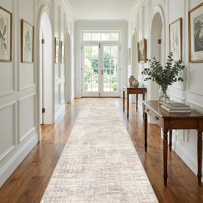 2x12 Washable Hallway Runner Rug - Modern Abstract Neutral Long Carpet with Non-Slip Backing Low-Pile Stain-Resistant Thin Runners for Kitchen Bathroom Bedroom Entryway (2x12, Beige)