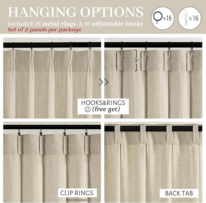 Light Brown Natural Linen 100 Inch Patio Curtains for Sliding Glass Door, Neutral Pinch Pleated Light Filtering Bedroom Sheer Aesthetic Windows Curtain Back Tab 2 Panels Set Taupe Beige Drapes 8-1/3FT