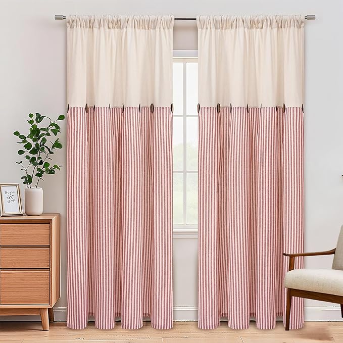 ASPMIZ Cotton Linen Curtains for Living Room, Rod Pocket & Back Tab Boho Curtains for Bedroom, Country Farmhouse Striped Curtain with Rustic Buttons, Home Decor, Orange, 52 x 84 Inch, 2 Panels